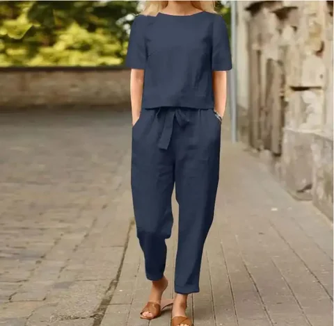 Women's Pullover Shirt And Pants Two-piece Set Women's Cotton And Linen Summer Suit Short Sleeved O-neck Outfit Pants