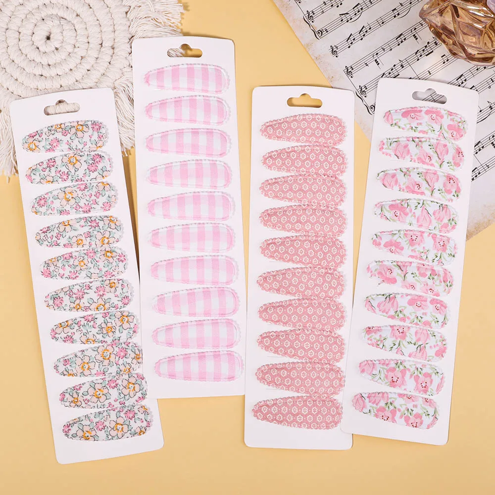 10Pcs/Set Sweet Flower Printed Hair Clips For Kids Girls Wterdrop Shape BB Clips Handmade Barrettes Headwear Hair Accessories