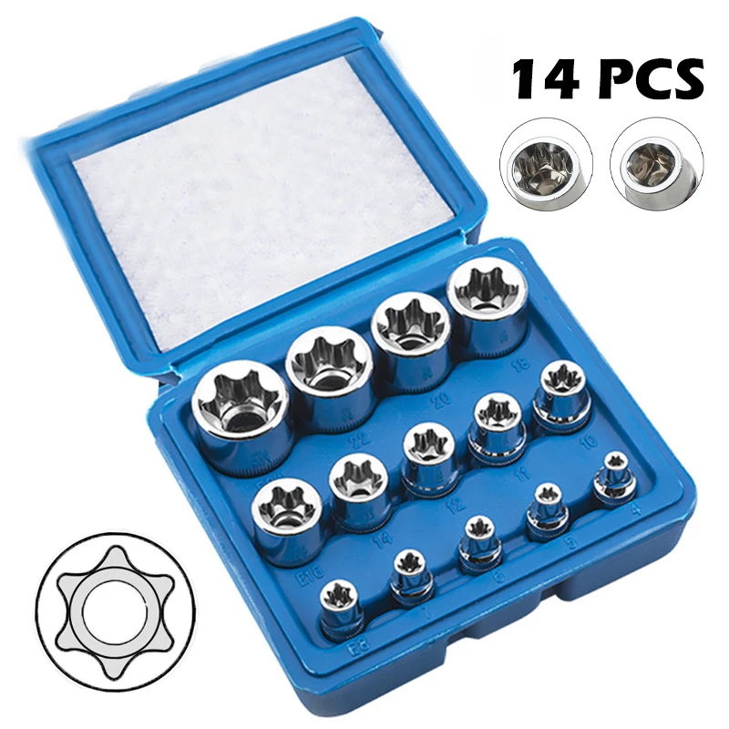 

14PCS E-type Socket Set 1/2 3/8 1/4 Plum Blossom Socket Wrench Screwdriver Automotive Repair Mechanical Workshop Tool Hand Tools