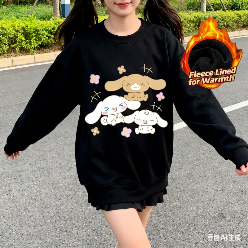 تي شيرت بأكمام طويلة ورقبة دائرية مطبوعة من سلسلة سانريو، تي شيرت لطيف ودافئ مبطن بالصوف برقبة دائرية وأكمام طويلة، قطن 100% #1