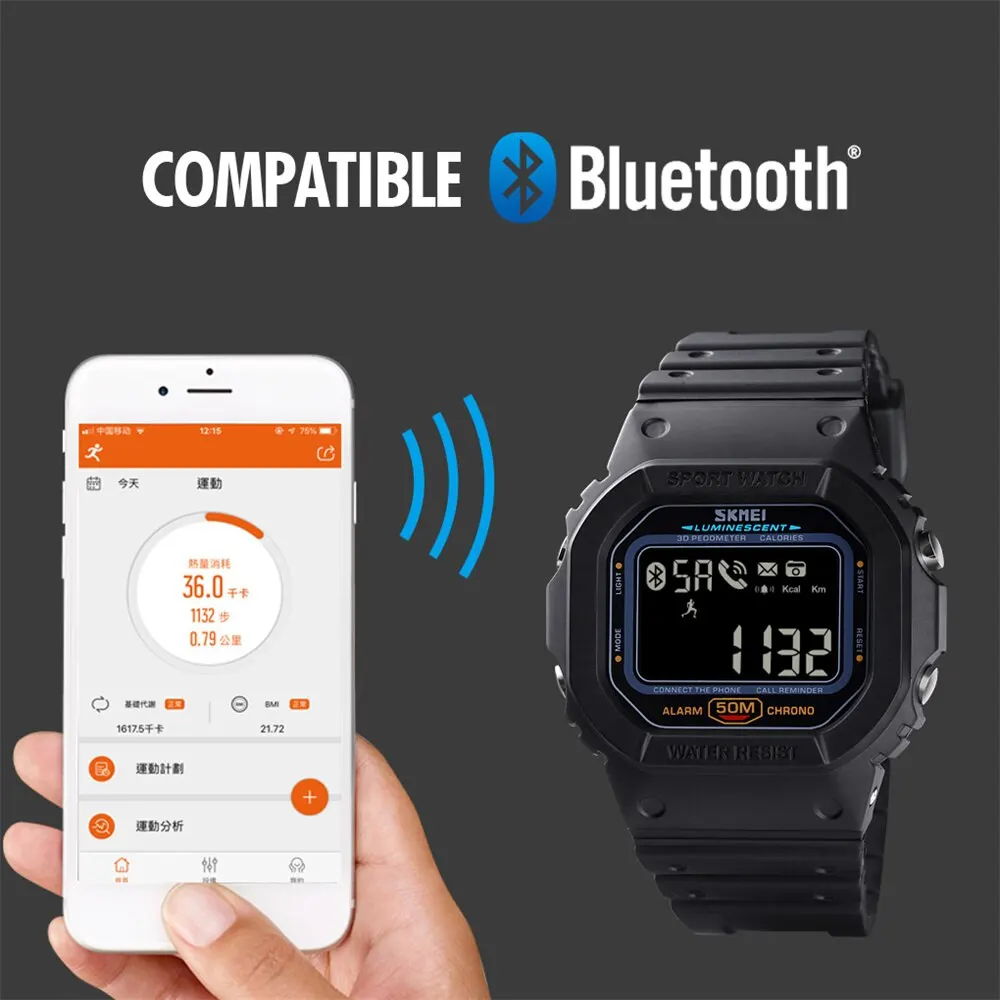 Skmei Bluetooth-compatible Pedometer Digital Sport Watches Mens Calorie Data Motion Tracker Call Remind Waterproof Wristwatch