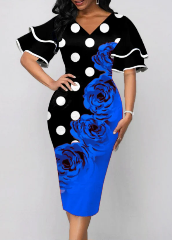 2023 Zomer Elegante Mode Oversized Vintage Print V-Hals Dubbellaags Flare Mouw Potlood Jurk Vrouwen Feest Bodycon Jurken