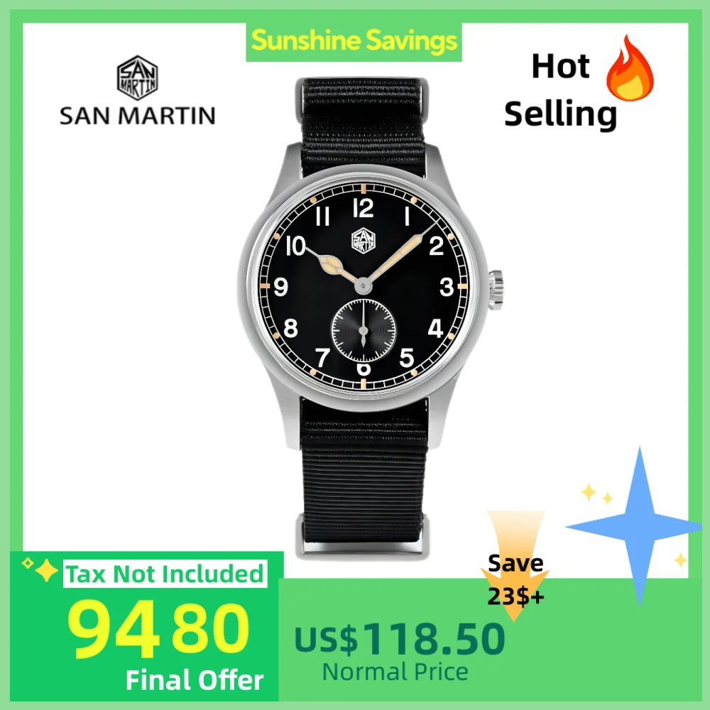 

San Martin 36mm Pilot Quartz Watch RONDA 6004 VH31 For Men Wristwatch Nylon Strap Luminous Military Orologio Uomo 10Bar SN0105XA