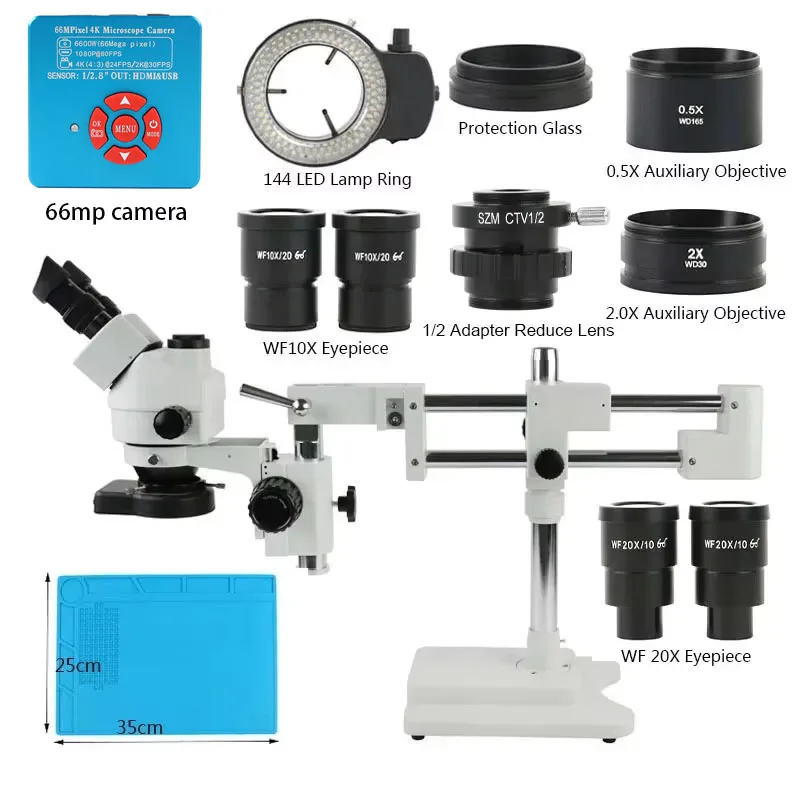 Eakins 7X45X 180X Simul-Focal Industrial Trinocular Stereo Microscop 4K 66mp Camera Double Boom Arm Stand 144 LED Ring Light SET