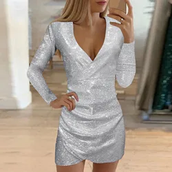 Vestidos de invitados de boda para mujer, manga larga, cuello en V, purpurina cruzada, lentejuelas brillantes, Mini vestidos de fiesta de cóctel, vestido de noche, otoño