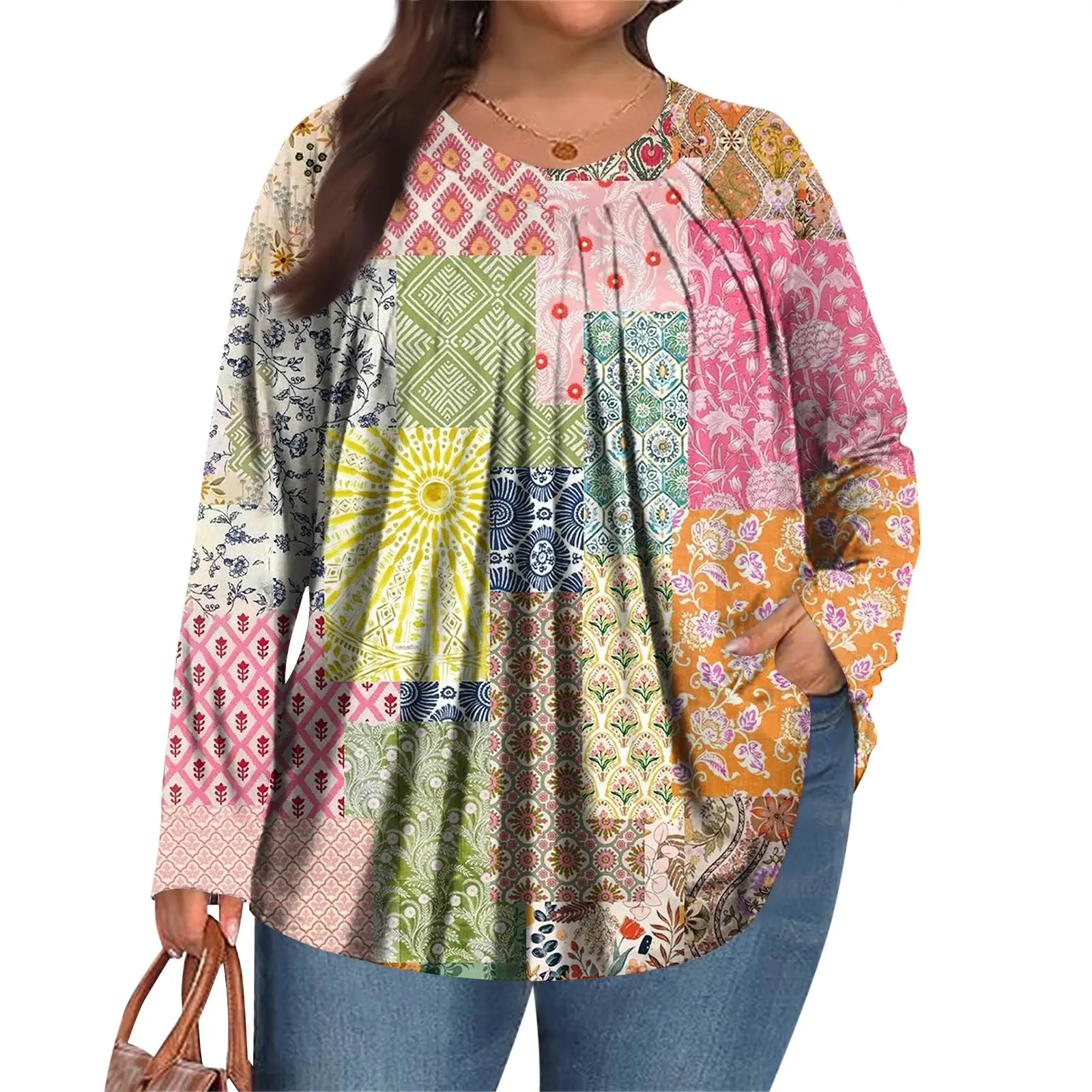 Plus Größe Langarm Top für Frauen Mode Retro Floral Print Plissee Rundhals T-shirt Weibliche Casual Herbst Basis Shirt