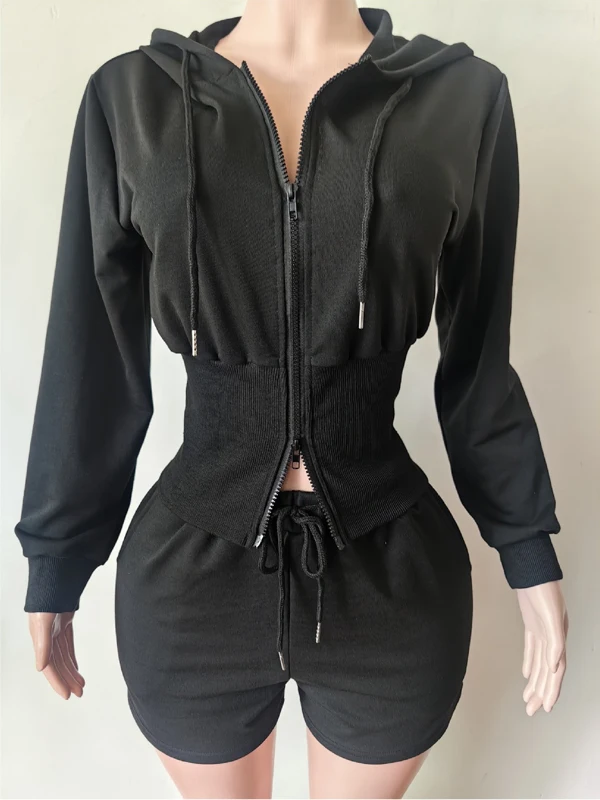 Herbst Damen Cropped Hoodie mit Reißverschluss, Shorts mit Kordelzug, Lounge-Set, lässige, gemütliche zweiteilige Schlafbekleidung, Streetwear-Outfit – Detail 8