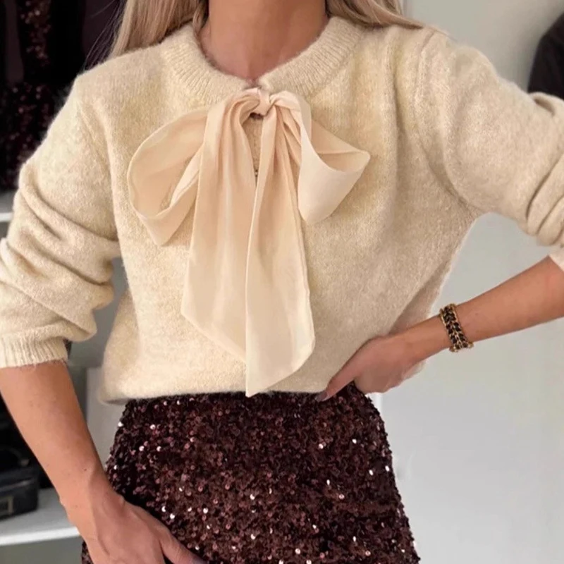 Sequin elastic waist high waist street commuting mini skirt sweater set casual daily solid color soft sweater set