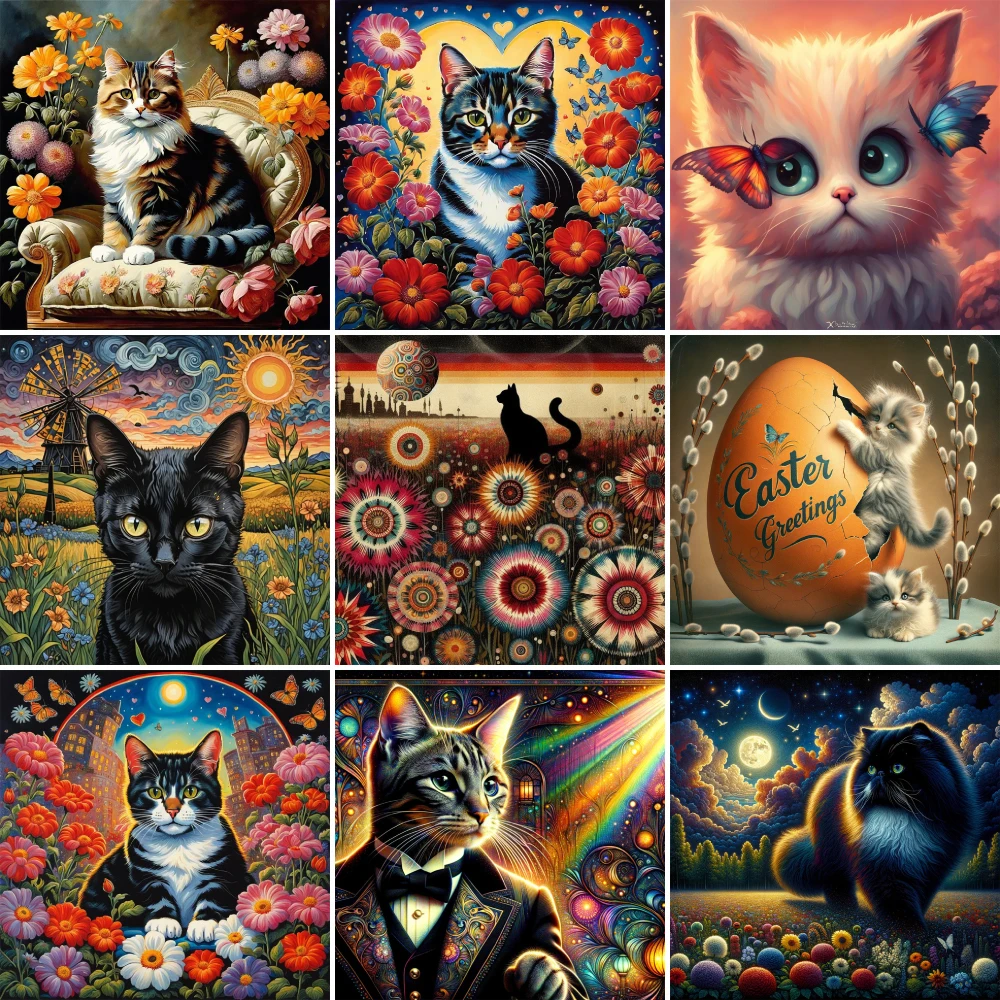 Animal Cat Flowers Printed Fabric Cross-Stitch Embroidery Full Kit Handmade Handiwork Hobby Craft Jewelry Room Decor Promotions