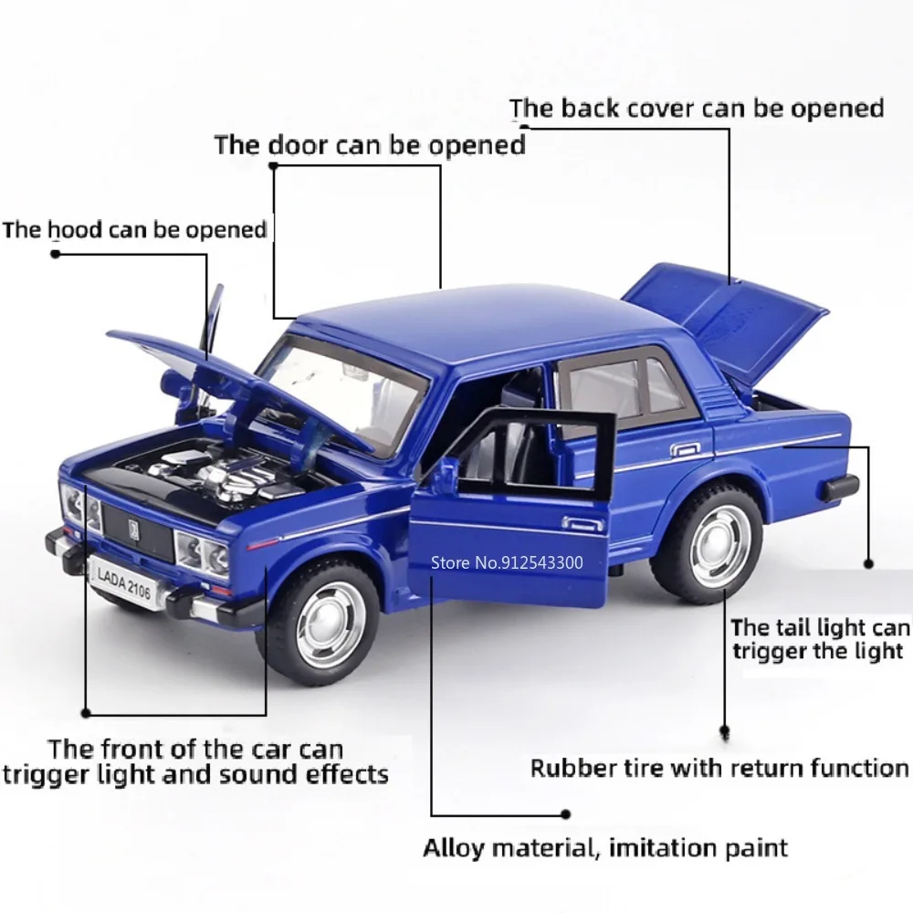 1:32 Scale LADA 2106 Car Alloy Model Toy Doors Opened Sound Light Diecast Metal Vehicle Models Vintage Collectible Toys Gifts