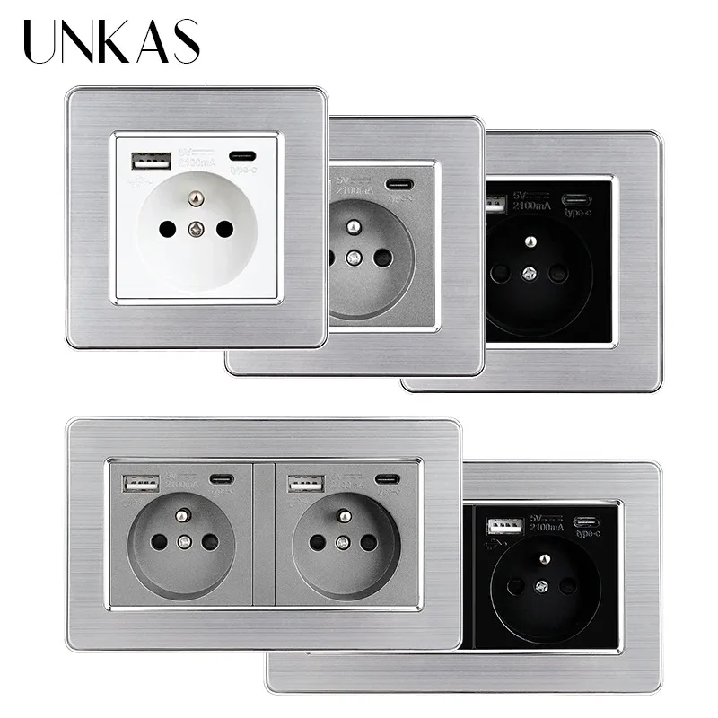 Typ-C-Anschluss, 16 A, französischer Stecker, 5 V, 2100 mA, mit USB-Buchse, Edelstahl-Panel, Leistung, Weiß, Grau, Schwarz, 86 mm x 86 mm Steckdose