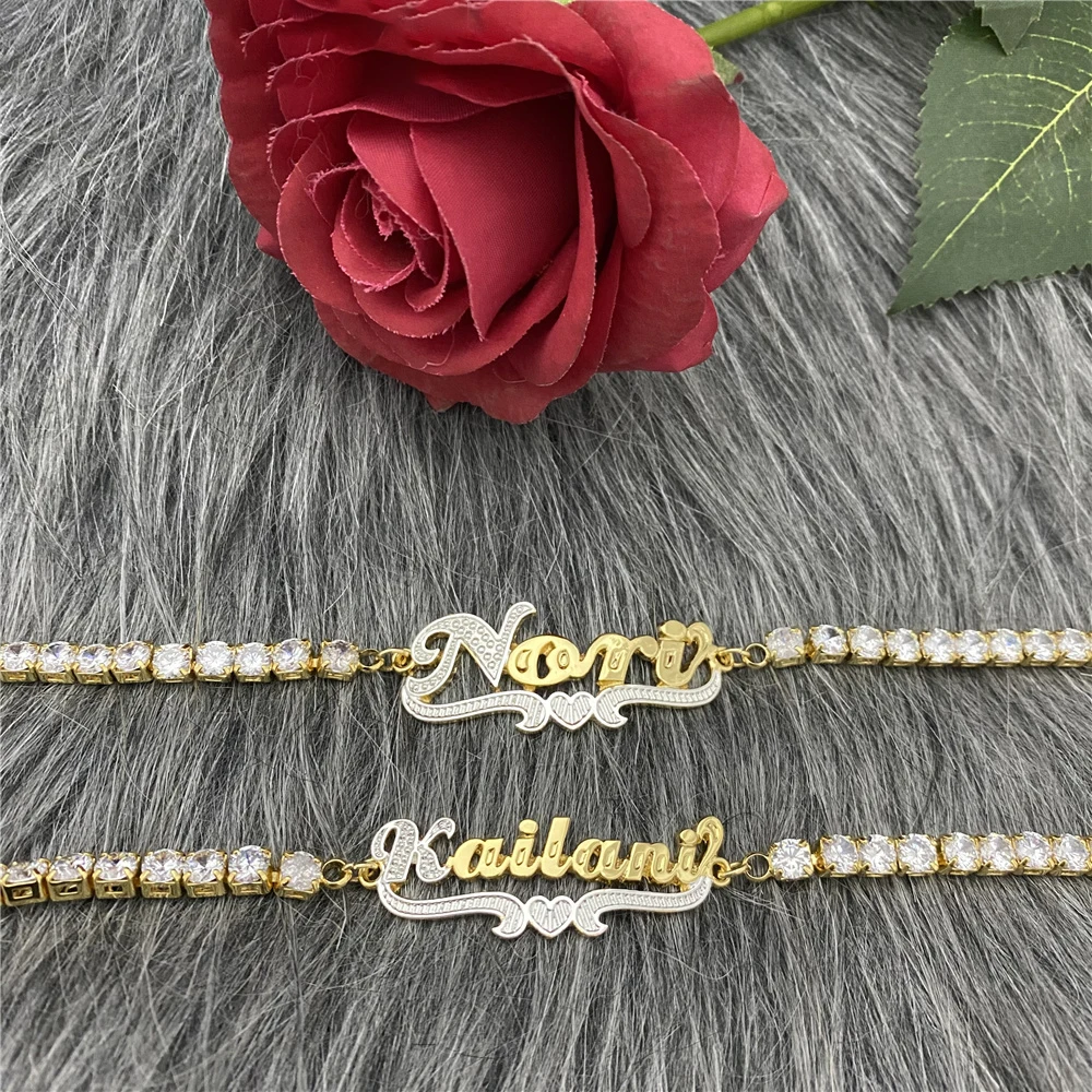 Personalized Tennis Chain Double Plated Name Anklet with Heart 18k Gold Plated Custom Name Anklet Two Tone Pendan Gift for Women