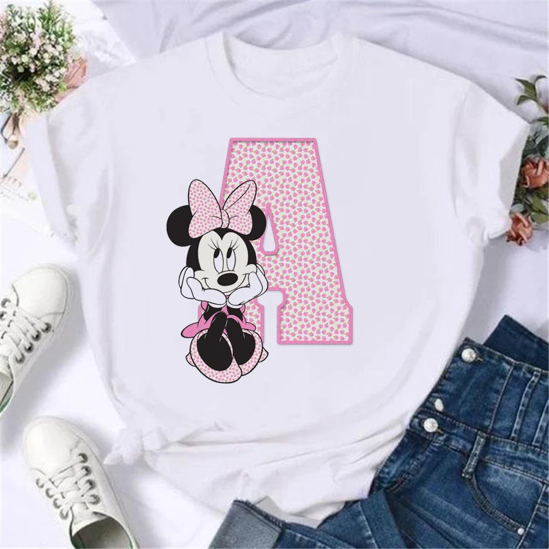 T-shirt à Manches Courtes pour Femme, Vêtement Kawaii, Dessin Animé Disney, Lettre Minnie, Blanc, Années 90, Y-2024, Été