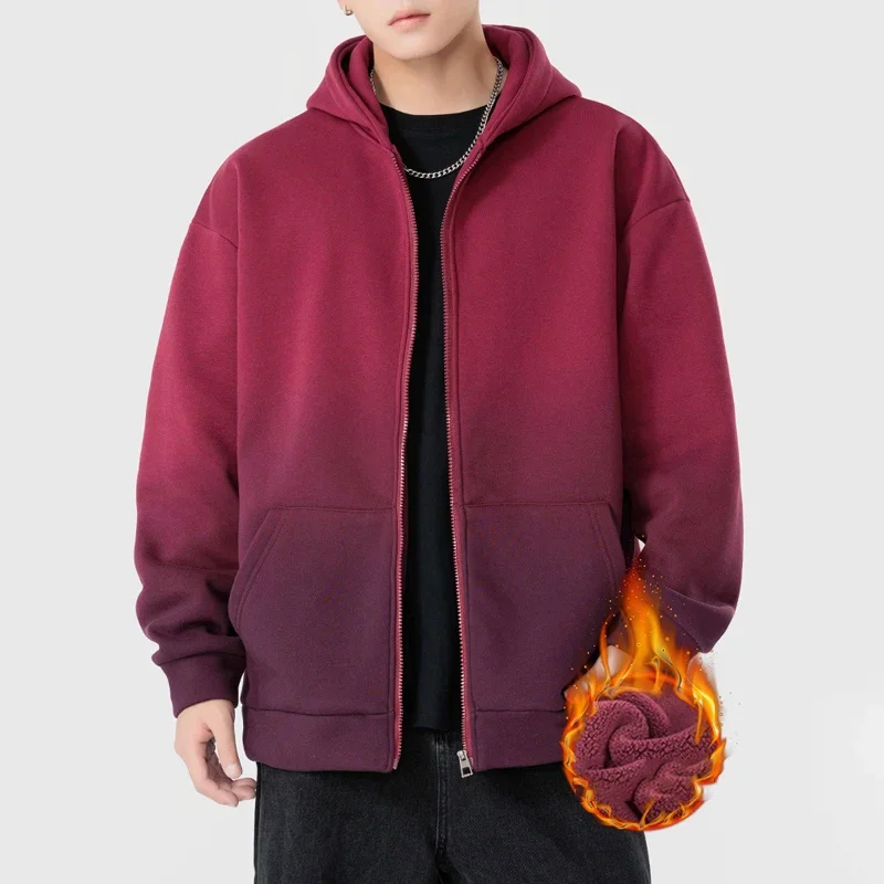 Winter Sweat Coats Male Fleece Fashion Grey Green Jackets Coats Man Daily Popular Gradient Color Clothing Men