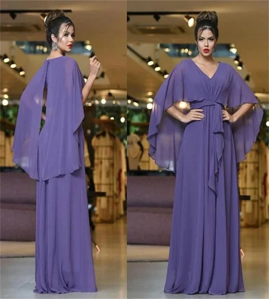 

Dubai Purple Evening Dress With Cape Sexy V Neck Chiffon Long Prom Dresses Women Formal Occasion Turkey Muslim Party Gown Simple