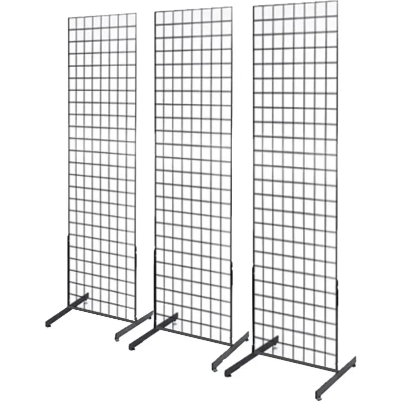 2' x 6' Grid Wall Panel Floorstanding Art Display Fixture with Deluxe T-Style Base. Three-Pack Combo. (BLACK)