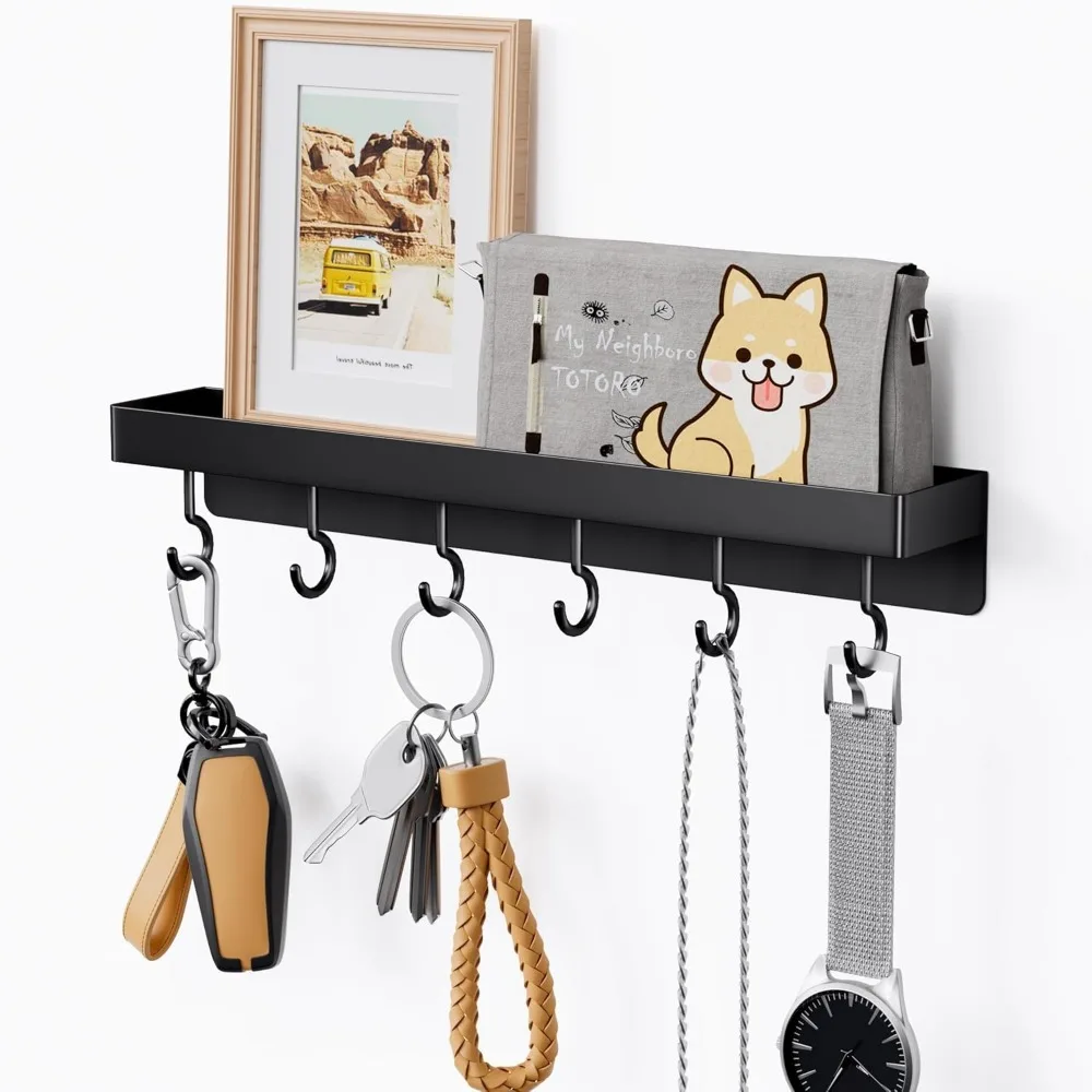Black Key Holder Wall Mount, Stainless Steel Self Adhesive Hooks Rack with Shelf, No Drill Key Hanger for Door and Wall