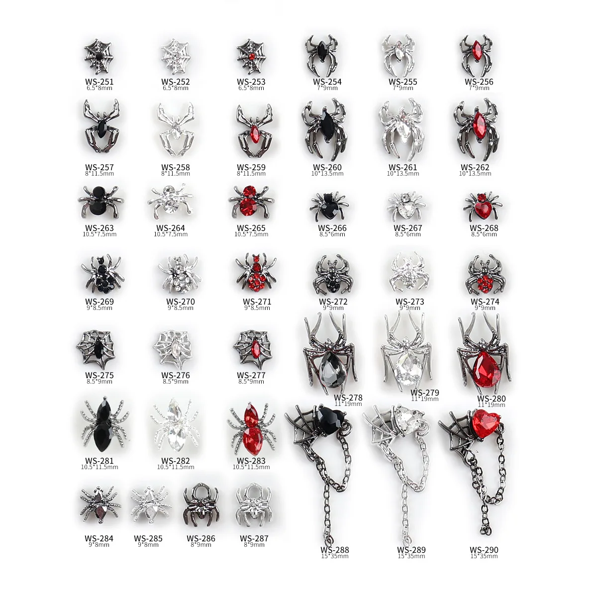 10 SZTUK Różne Retro Śliczne Halloween Diamentowe Serce Pajęczyna Łańcuszek Stopowe Ozdoby do Paznokci Cyrkonie Manicure Punk Charms