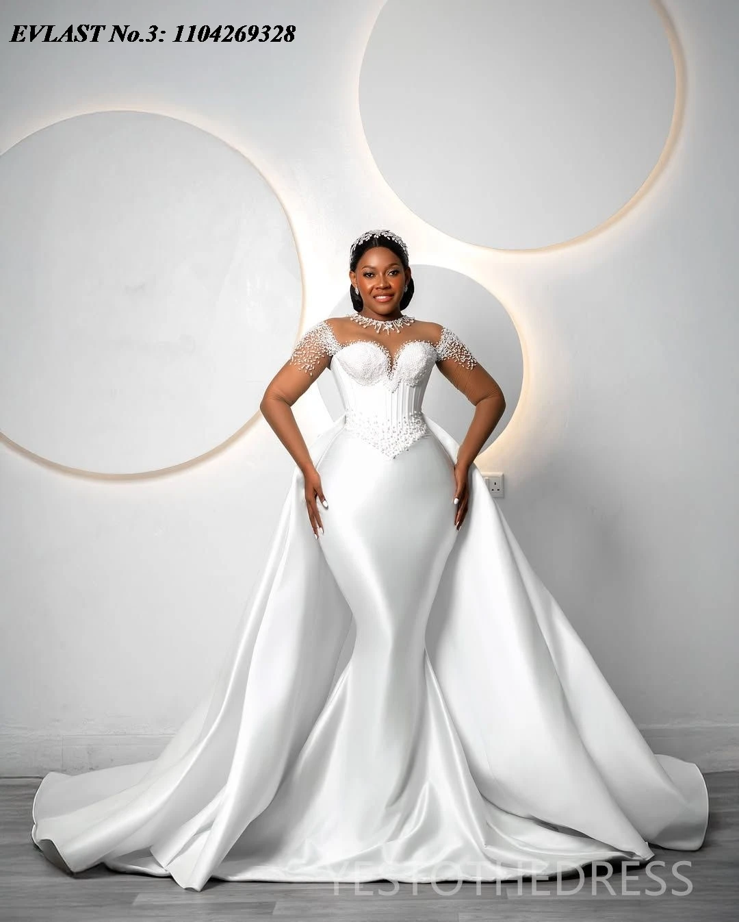 EVLAST Angepasst Meerjungfrau Hochzeit Kleid Satin Applique Perlen Kristall Perlen Abnehmbare Zug Brautkleid Vestidos De Novia E3W04