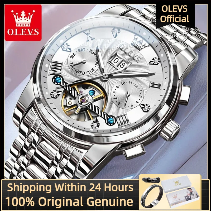 ساعة ميكانيكية أوتوماتيكية للرجال من OLEVS ، فولاذ مقاوم للصدأ مقاوم للماء ، هيكل عظمي فاخر ، أصلي ، من OLEVS