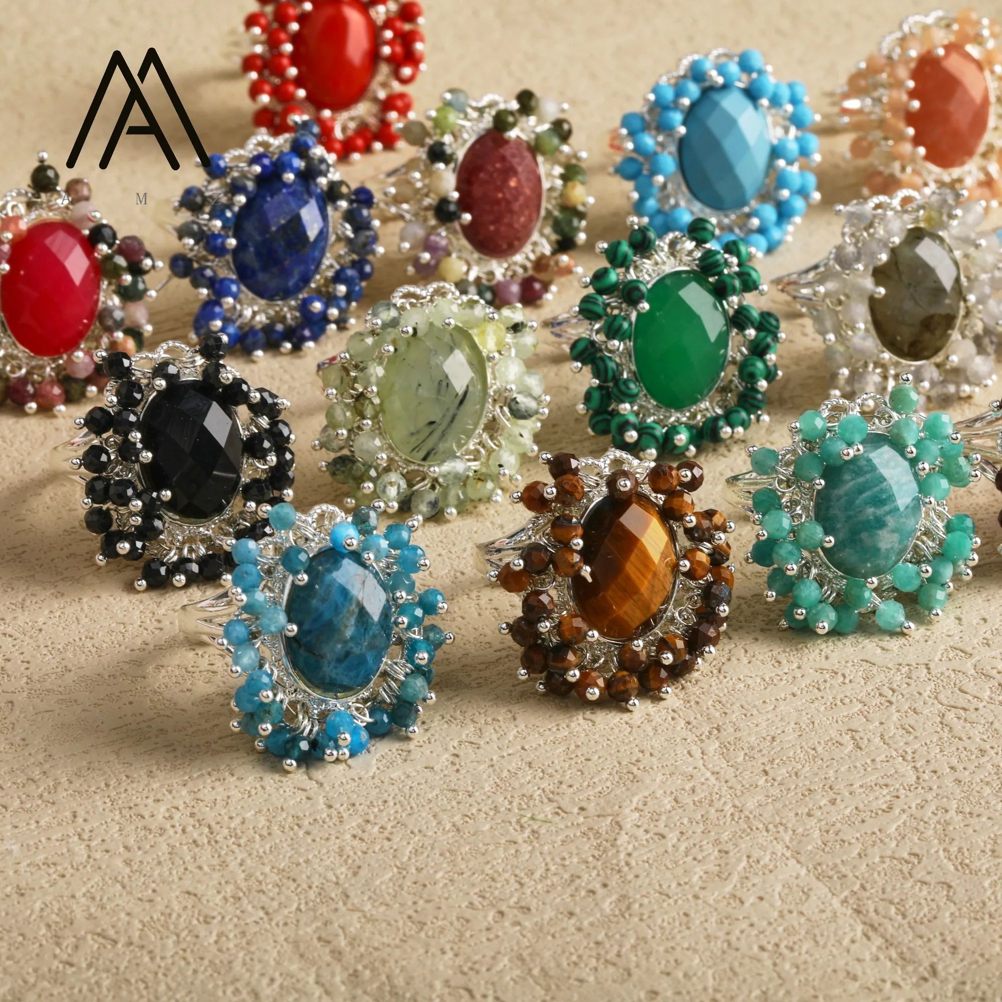 

Bohemian Style Tiger Eye Ring Round Bead Silver Copper Wire-Cut Rings Blue Phosphorite Amethyst Gemstones Classic White Gold