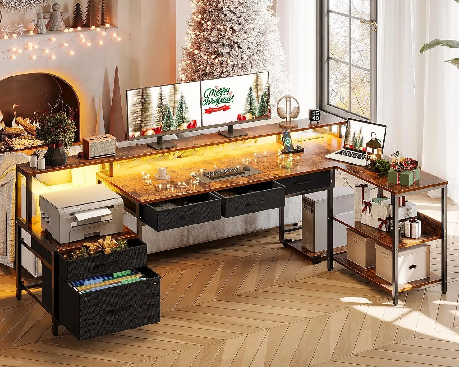 مكتب على شكل حرف L مع 5 أدراج، مكتب كمبيوتر قابل للعكس مقاس 75 بوصة، مخرج طاقة، شريط LED، رف شاشة، أرفف تخزين، مكتب ألعاب