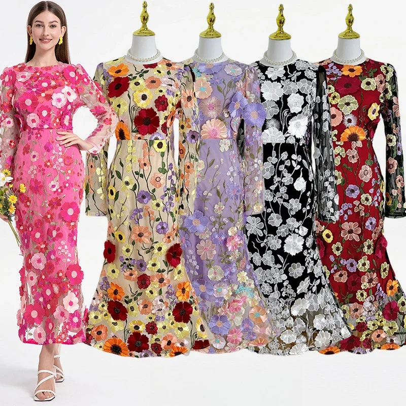 

Embroidery Three-dimensional Flower Dress Women's Spring Summer Slim Mermaid Long Dress Fashion Female Clothes