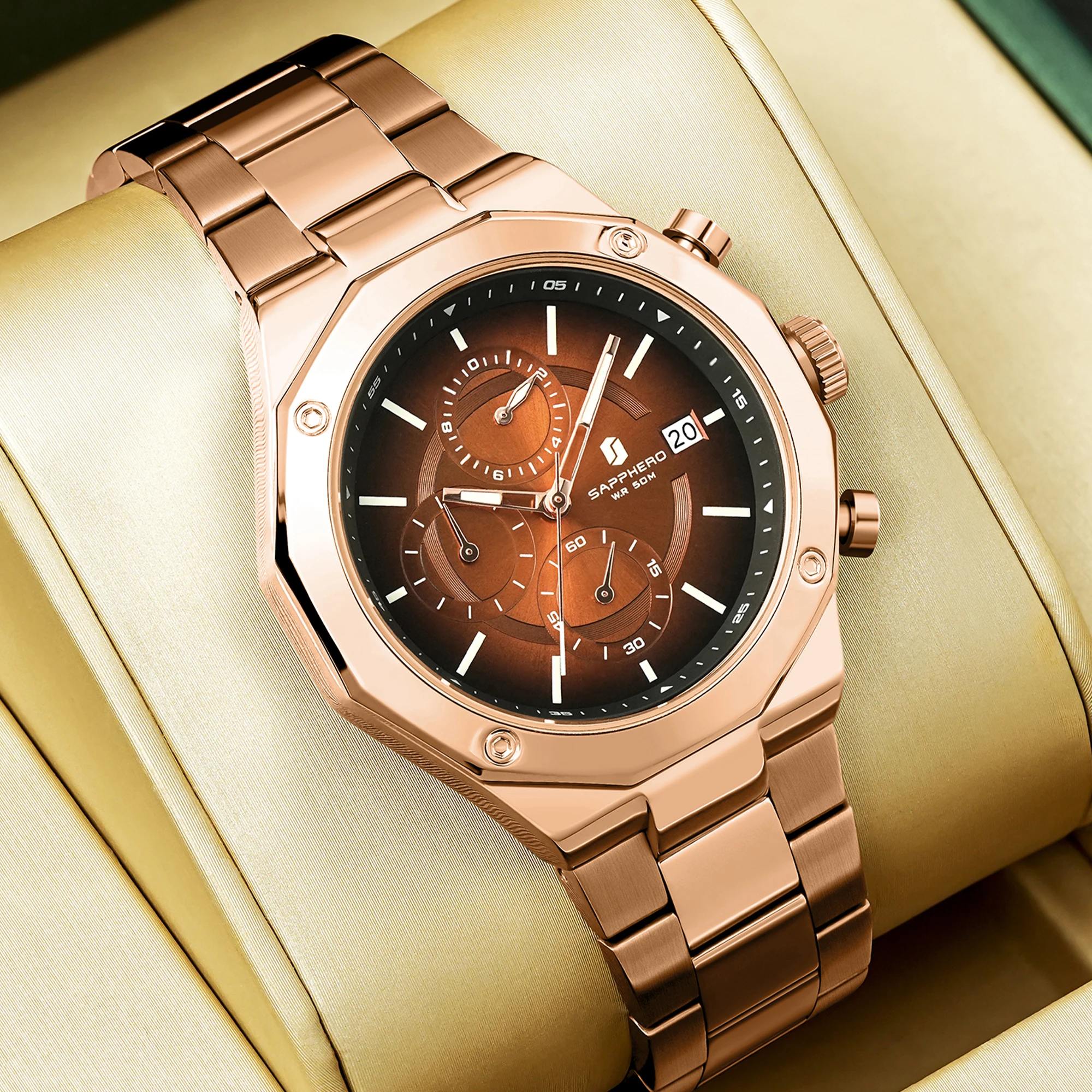 SAPHERO Montre Chronographe Homme à Quartz 5ATM Étanche Acier Inoxydable avec Date, Cadeau Idéal pour Père, Mari, Copain pour Noël, Anniversaire, Saint-Valentin