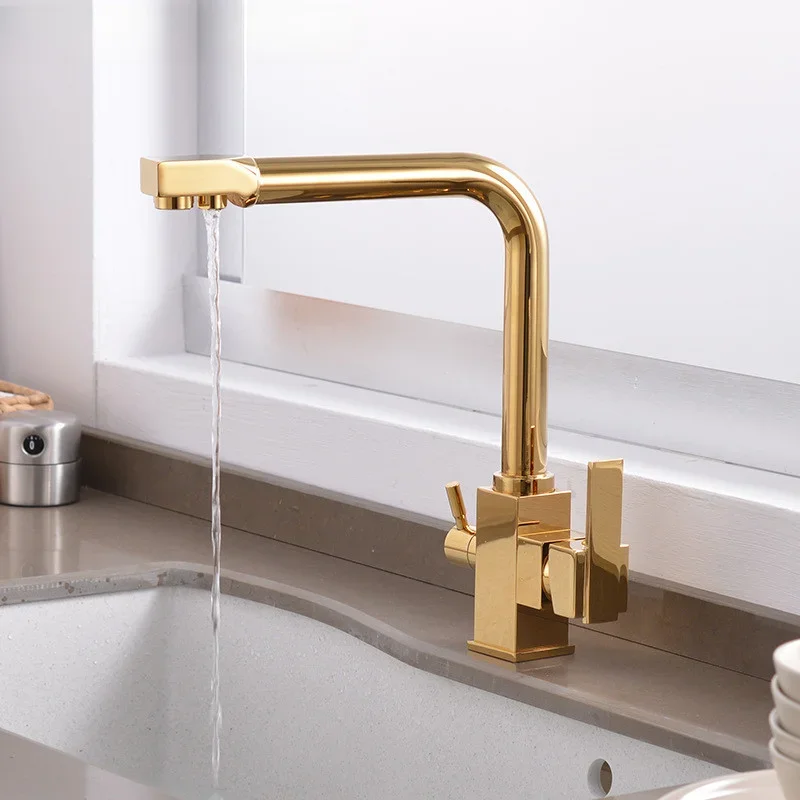 

Pure Filter Kitchen Mixer Faucets Quality Brass Rotation Hot Cold Kitchen Sink Mixer Tap Dual Handle Gold Filter Kitchen Faucet