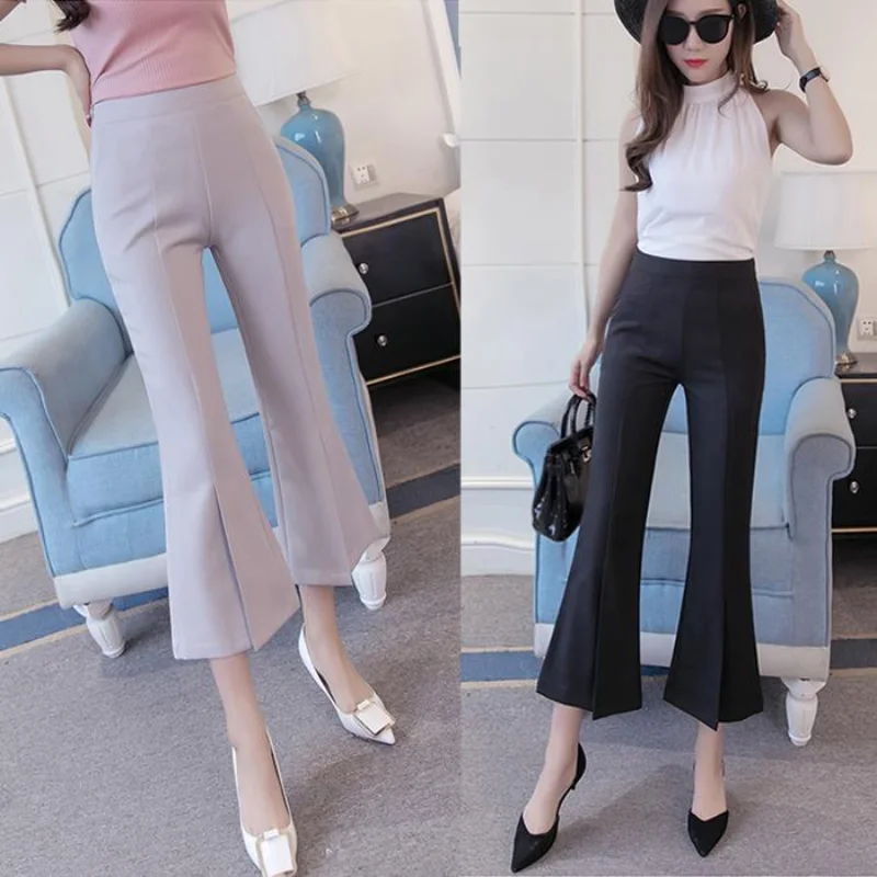 Sommer neue hohe Taille schlanke Flare Hose einfarbig dünn geteilten Saum All-Match Büro kurze Hosen Mode elegante Frauen kleidung