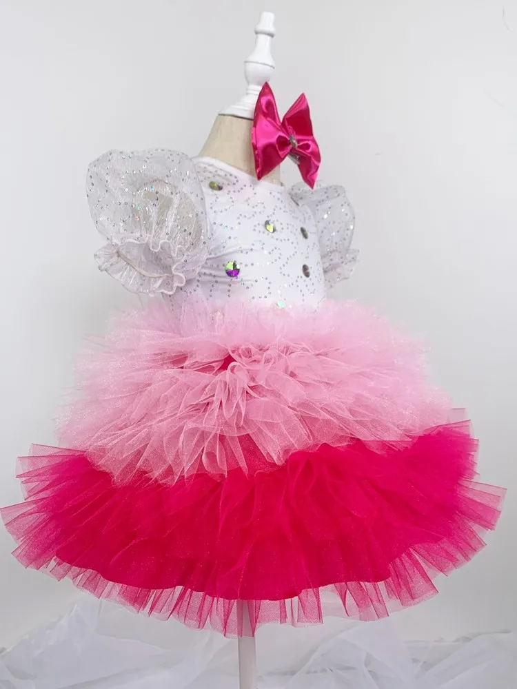 Kids Ballroom Clothing Sequined Tulle Evening Party Cake Tutu Prom Gown Children Wedding Stage Wear Toddler Modern Dance Dress