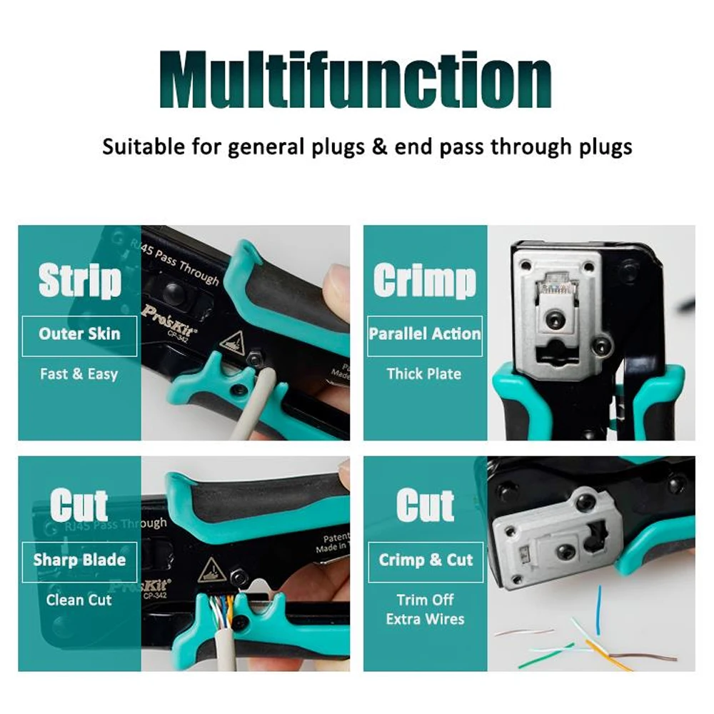 ProsKit-Alicates de prensado de Cable de CP-342, herramienta de prensado de cabeza de cristal perforada, 8P8C, RJ45, pelacables de red LAN Ethernet