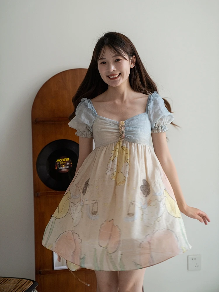 

Romantic High Waist Unique Princ Dr New 2024 Ele Floral Cotton Gauze ort Skirt Zipper Closure A-Line Summer Dr