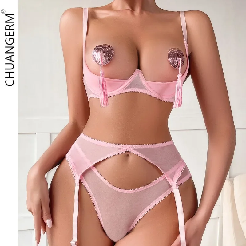 

CHUANGERM Sexy Lingerie Open Bra Lace Up Sexy Underwear 3-Piece Satin Erotic Outfit Young Girls Set Lingerie Sexy Woman Push Up