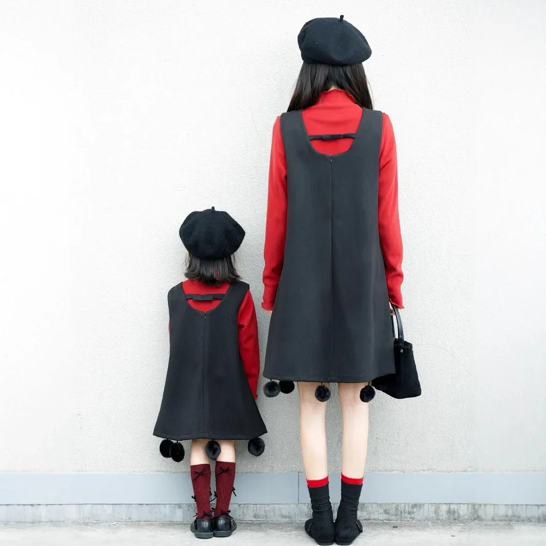 Mother and Daughter Matching Clothes Winter Christmas Mom Baby Girl Warm Sleeveless Dress and Long Sleeve Tops Two Piece Outfits