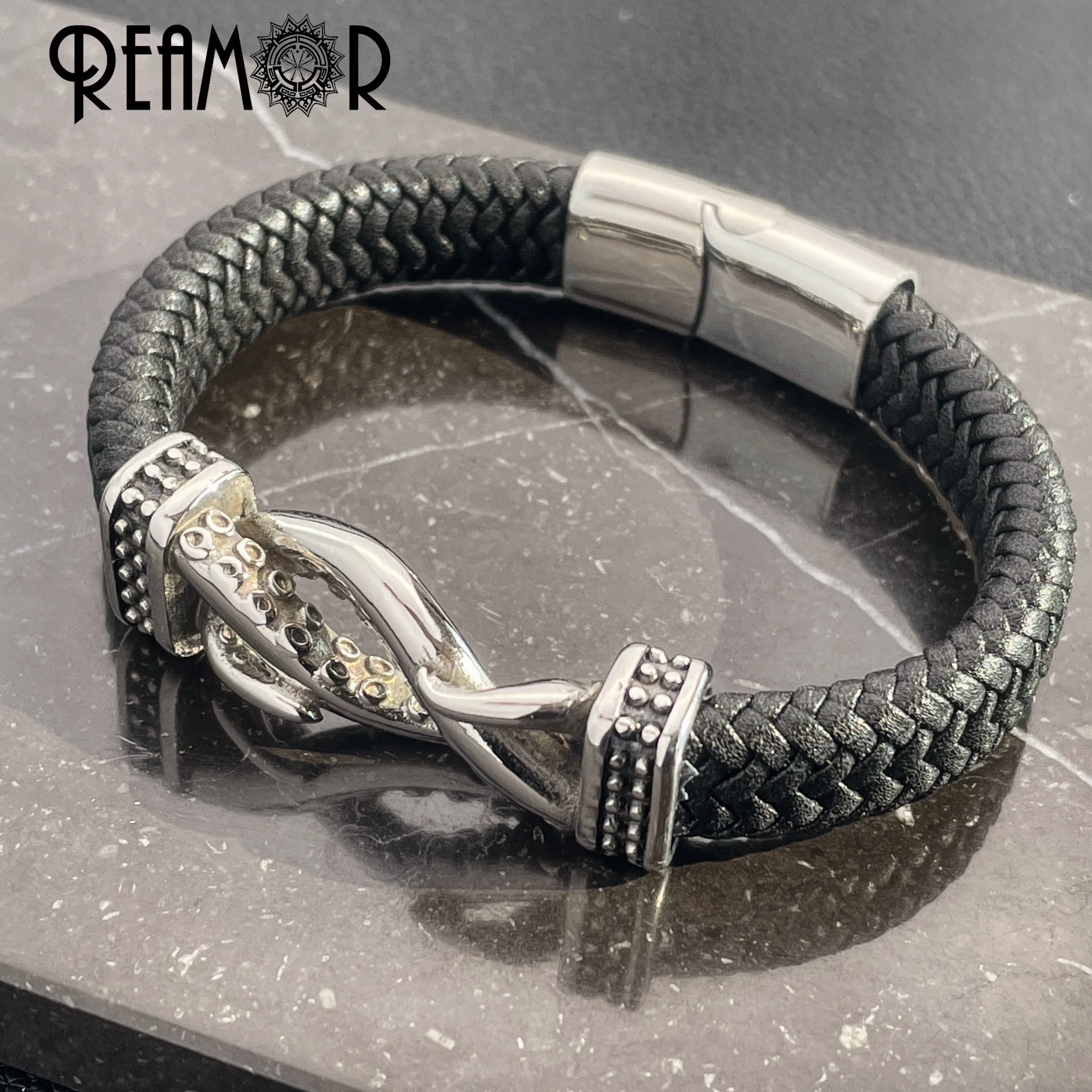 REAMOR Stainless Steel Octopus Tentacles Bracelets Men's Sea Monster Black Braided Leather Cord Bangles Punk Jewelry Gift