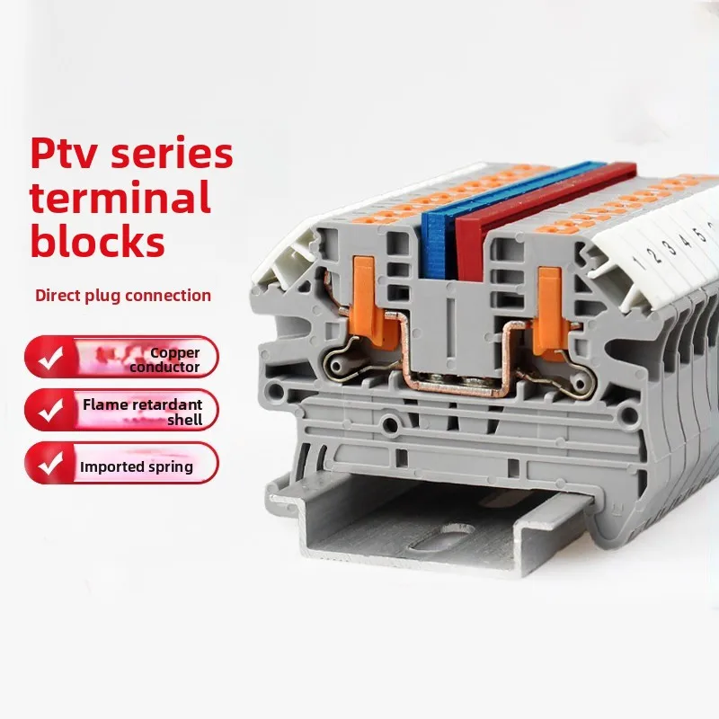 10Pcs PTV2.5 DIN Terminal Block  Push-In Spring Clamp 12AWG Tinned Copper Quick Release Detachable