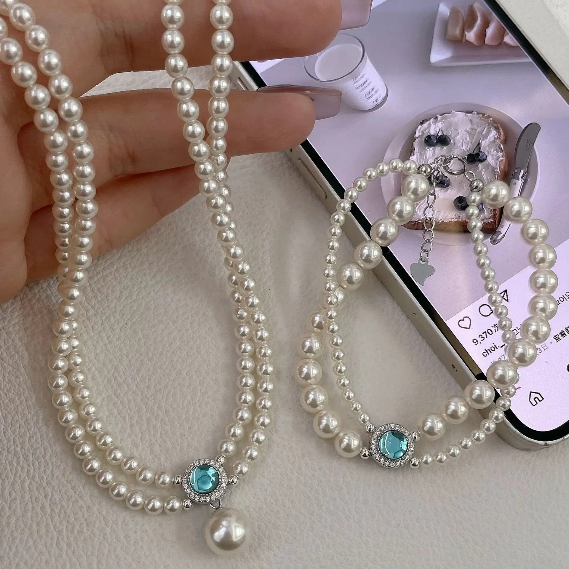 

S925 Pure Silver Sea Blue Treasure Freshwater Pearl Double Layer Necklace for Women's Light Luxury Luxury High Sense Bracelet