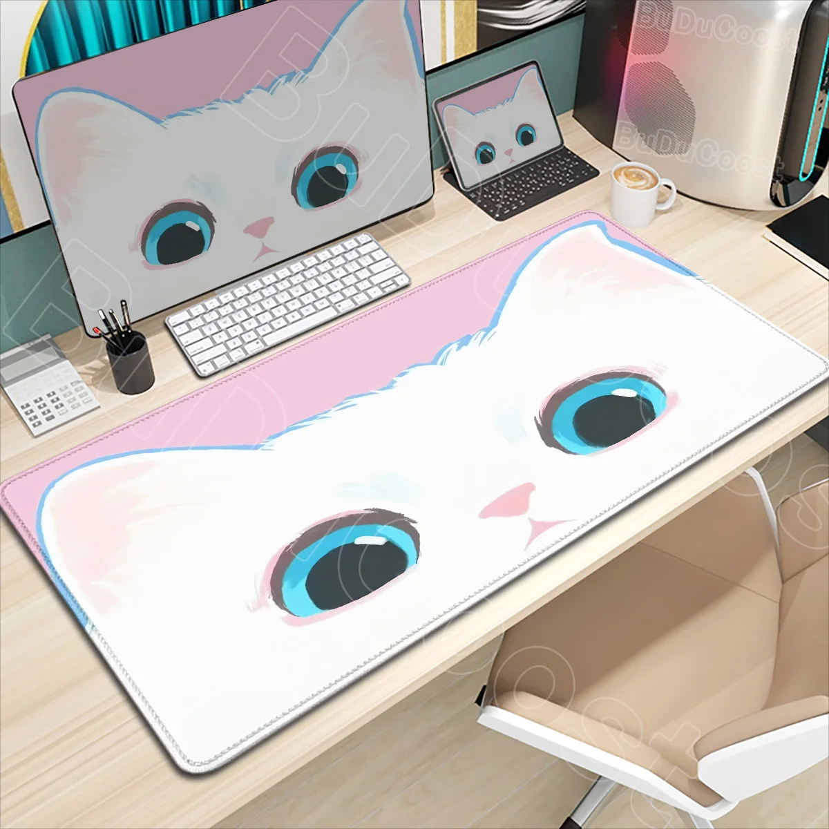 

Cartoon White Cat Mouse Pad Cute Cat Computer XXL Mousepad Company Office Desk Pad Large Gaming Kawaii Anime Accessories Rug Mat