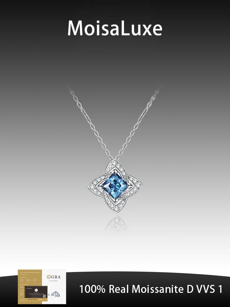 

MoisaLuxe Official Store Plata Sterling 925 Silver Four-leaf Square Royal Blue Moissanite Necklace For Women Clavicle Chain Item