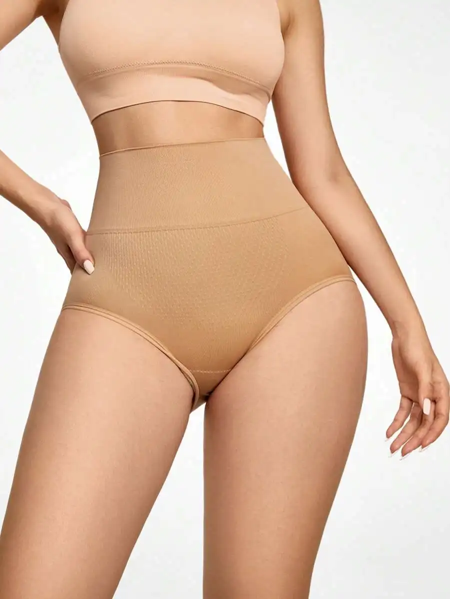 

Womens Apricot Knitted High Waisted Briefs Semi-Sheer Tummy Control Underwear