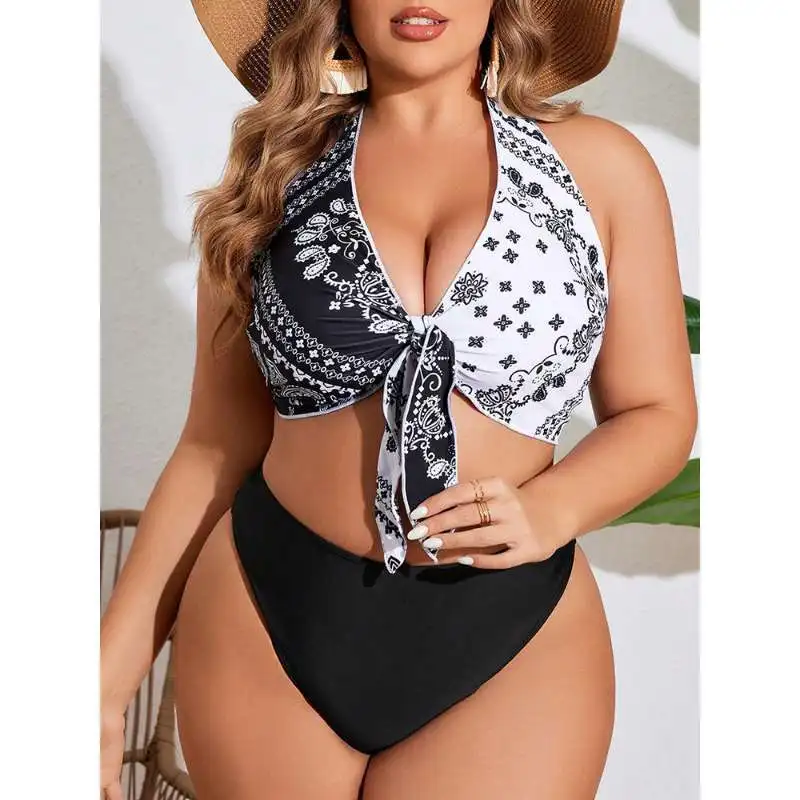 2026 Plus Size Print Bikini Set Women Halter V Neck Tie Front Bikini Top High Cut Bottom Trendy Bathing Suit for Brazilian Beach