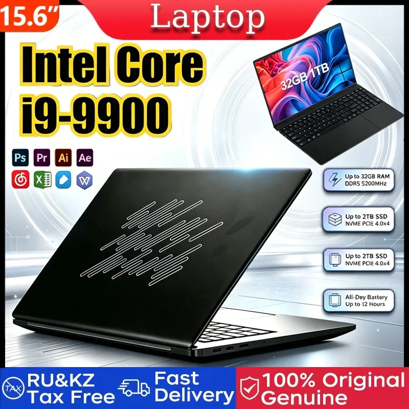 2026 15.6 Inch 4K HD Laptop Intel Core i9-9900 W11 16GB RAM 1TB SSD Ultra Thin Portable Gaming Business Notebook Computer