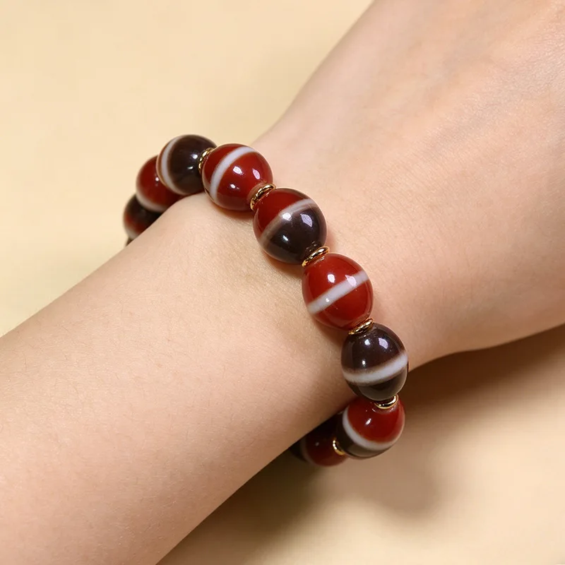 5A Grade Natural Tibetan Genuine Old Mine Agate Medicine Dzi Bead Bracelet, approximately 13*16mm