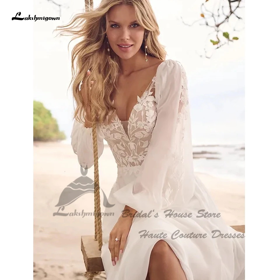 Lakshmigown Neues Spitzen-Boho-Hochzeitskleid Elegantes Langarm-Brautkleid für den Strand 2026 Vestidos De Noite Maßanfertigung – Detail 4