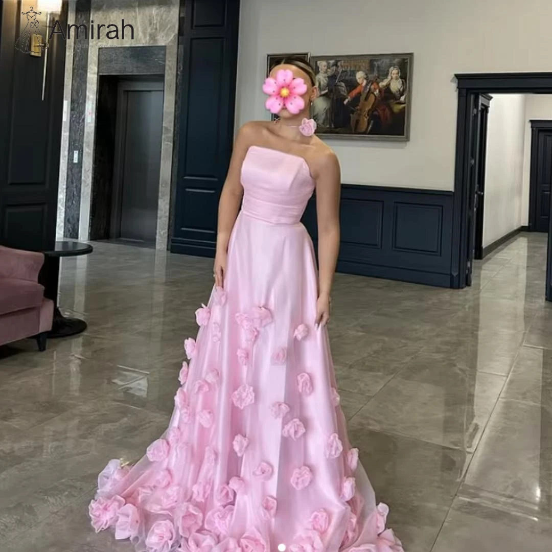 

Amirah A-line Satin Women Evening Dress Woman Custom Made Elegant Party Dresses 2025 3D Flowers Ball Gown Off-shoulder Pink Prom
