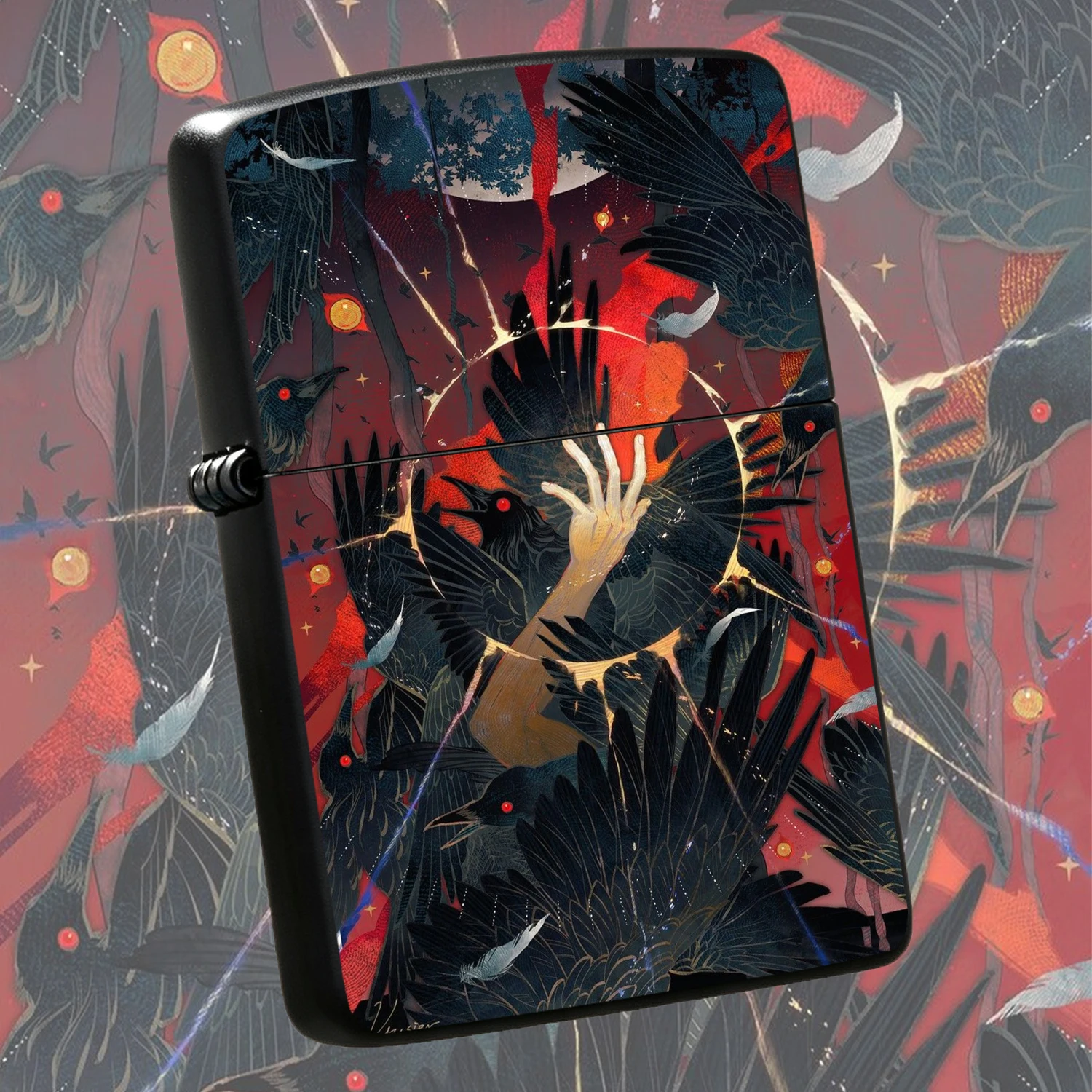 Stylish Dark CROW Group Art Printed Lighter, Windproof Durable PORTABLE Daily Use Ignition Tool, Creative Fantasy Red Moon Forest Imagery Collectible, Unique Niche Practical Festival Gift for Boyfriend Hobbyists, Premium Lighter Suitable