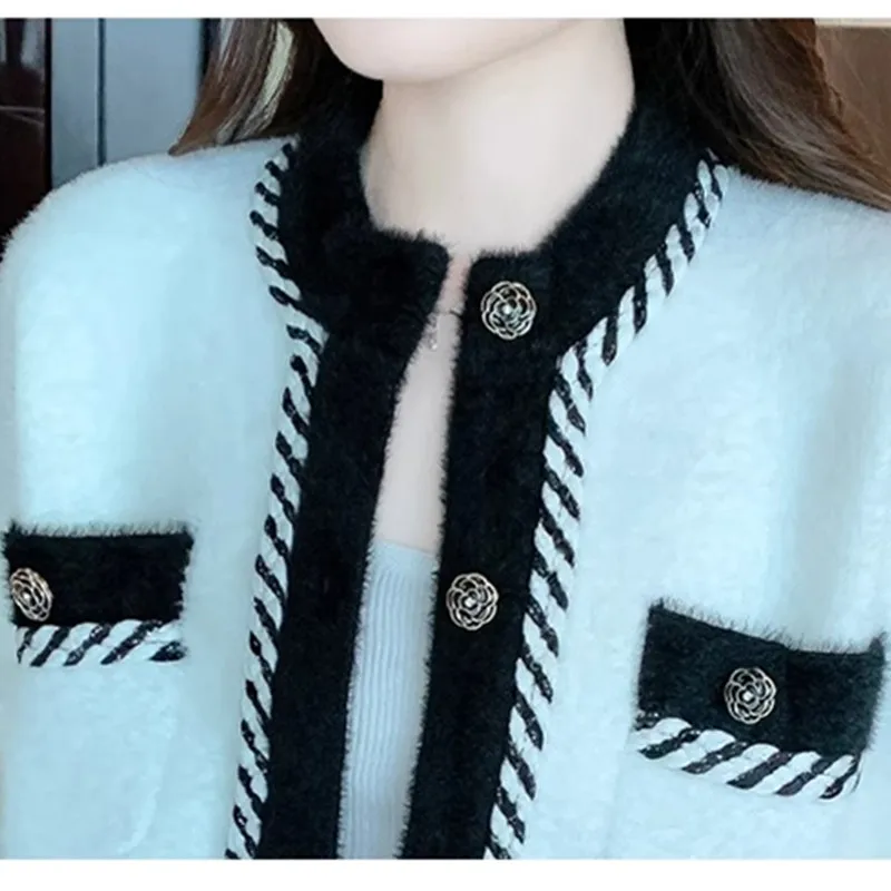 Vintage Elegant Knitted Coat Cardigan Sweater For Women 2024 Autumn Winter Long Sleeve V-Neck Tops Knitwear Fashion Chic Jumper