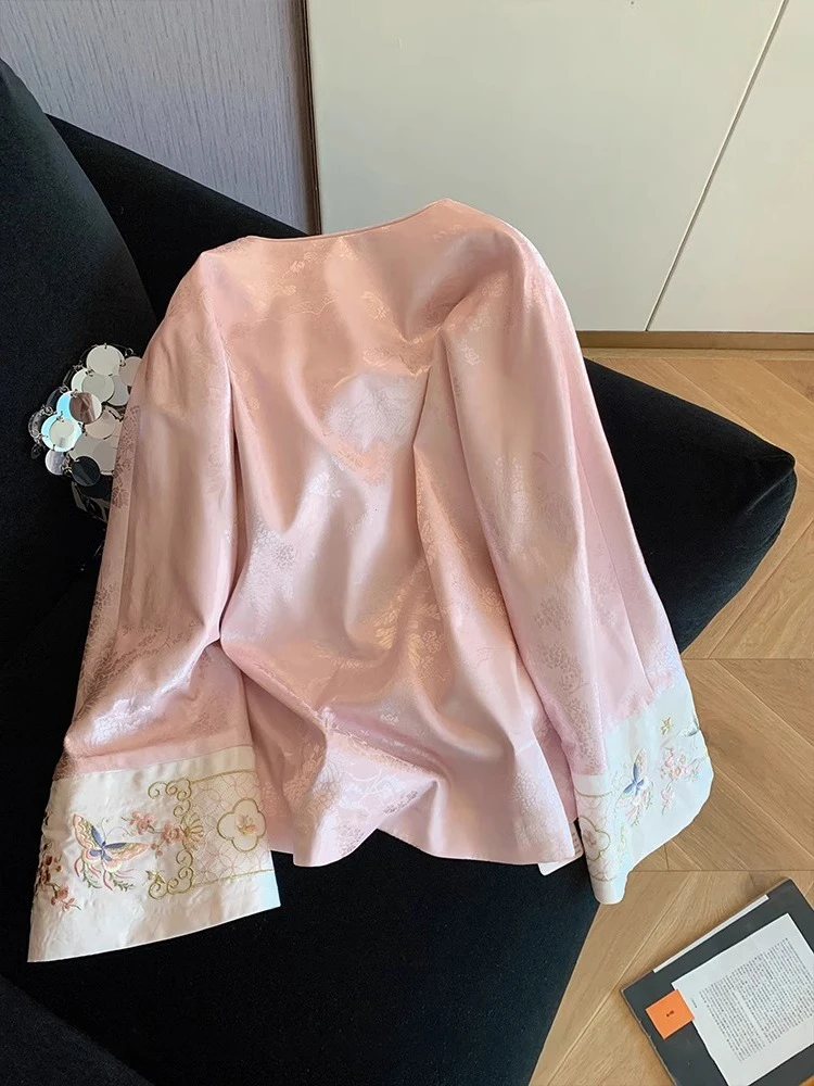 Roze nieuwe Chinese Sle lichtgewicht geborduurd patchwork irt Jaet lente herfst retro high-end veelzijdige button-up top