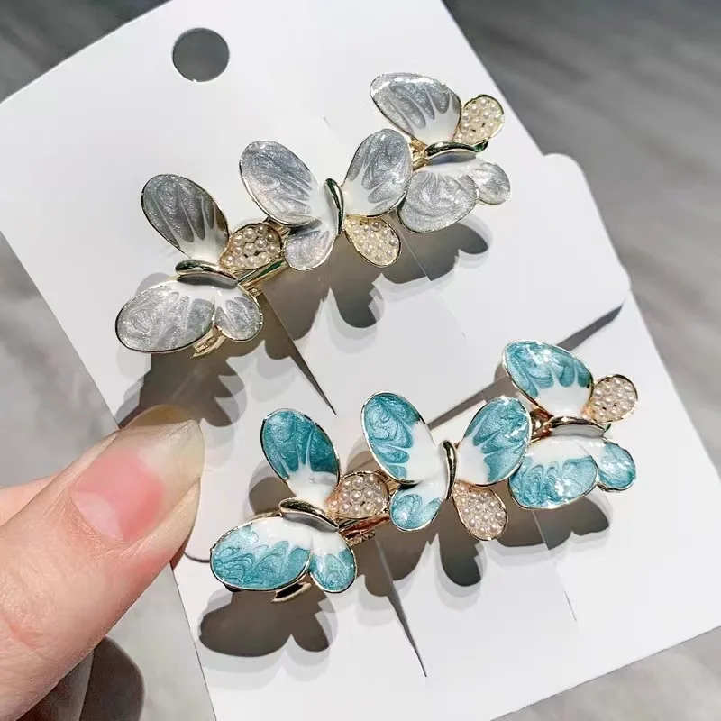 Fashion Women Girls Retro Butterfly Hair Jewelry Vintage Blue Enamel Barrettes Clips For Hairdressing